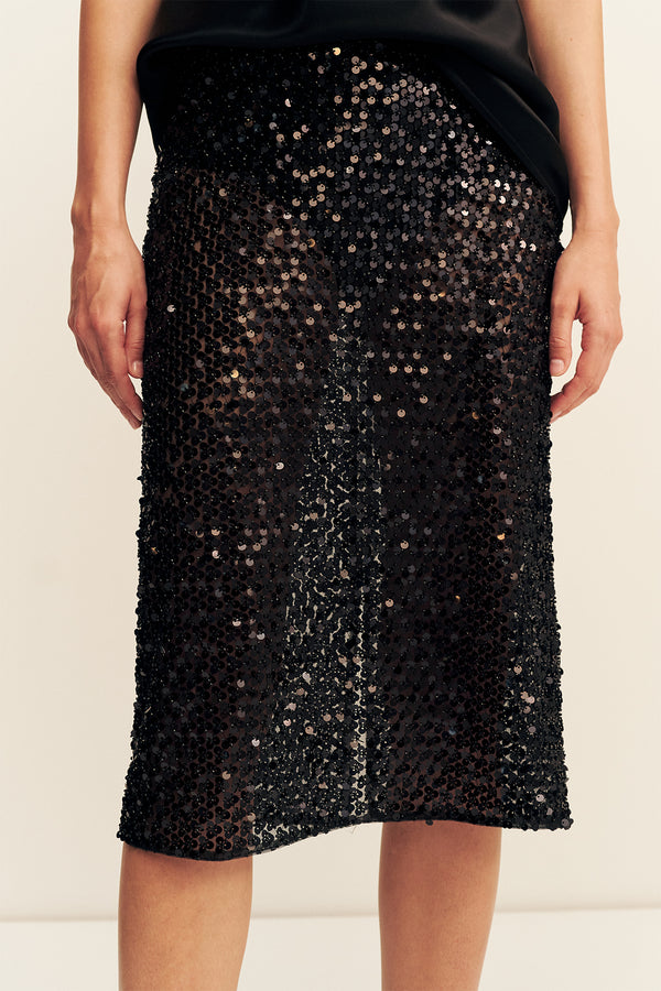 EVERLY SEQUIN MIDI SKIRT WITH DETACHABLE LINING- BLACK