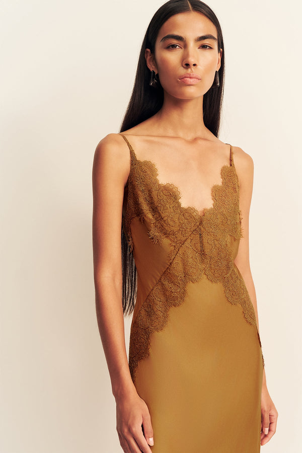shona joy lace dress Shona Joy Simona Lace Slip Maxi Dress in Brown