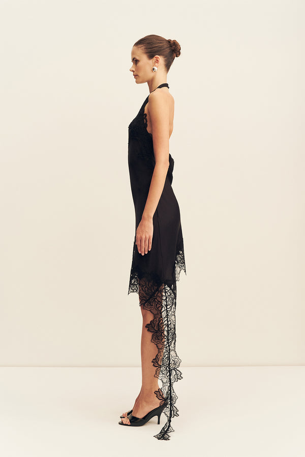ENIKO LACE OPEN BACK MINI DRESS - BLACK