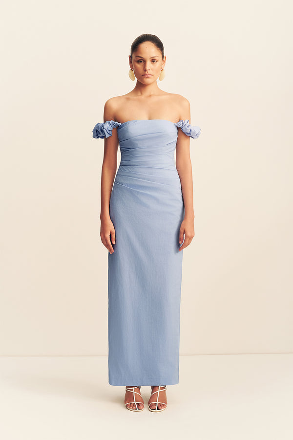 blue maxi dress off shoulder Campbell Off Shoulder Draped Maxi Dress | Azurine | Dresses