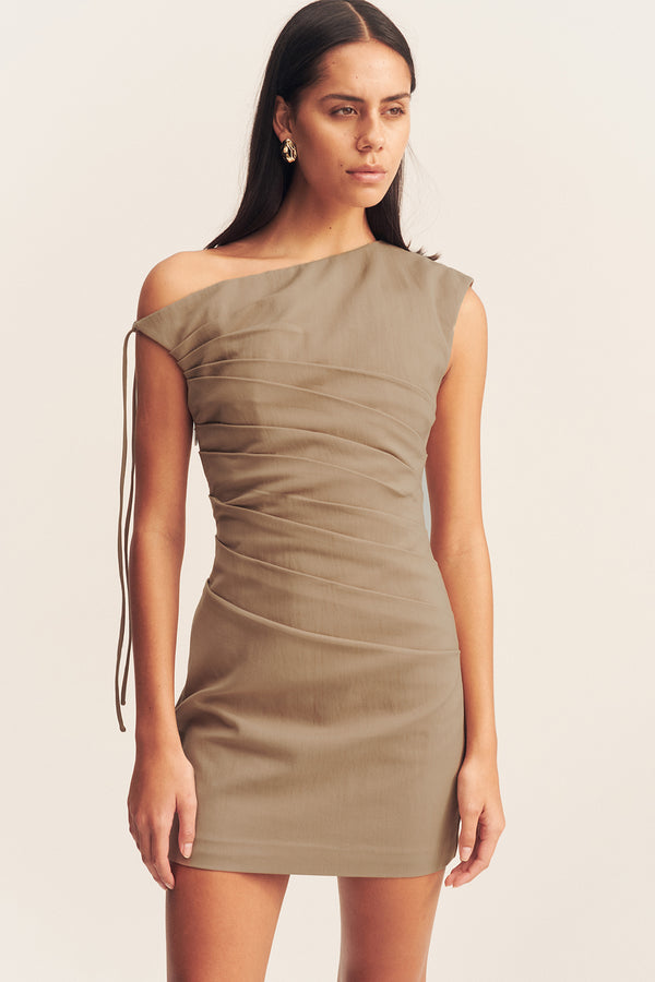 LANI ASYMMETRICAL MINI DRESS - PEBBLE