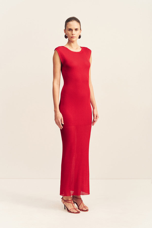 ROHE SHEER KNIT CAP SLEEVE MIDI DRESS - CHERRY
