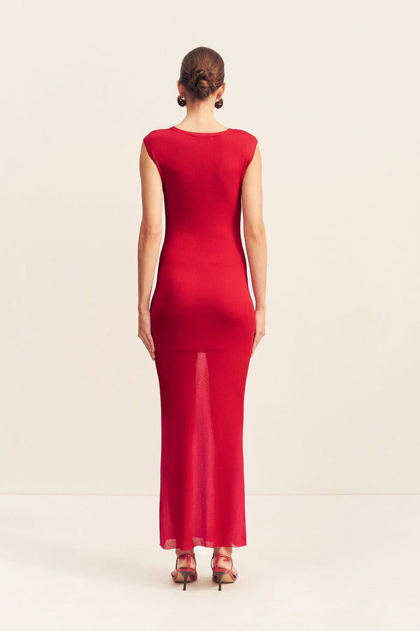 ROHE SHEER KNIT CAP SLEEVE MIDI DRESS - CHERRY