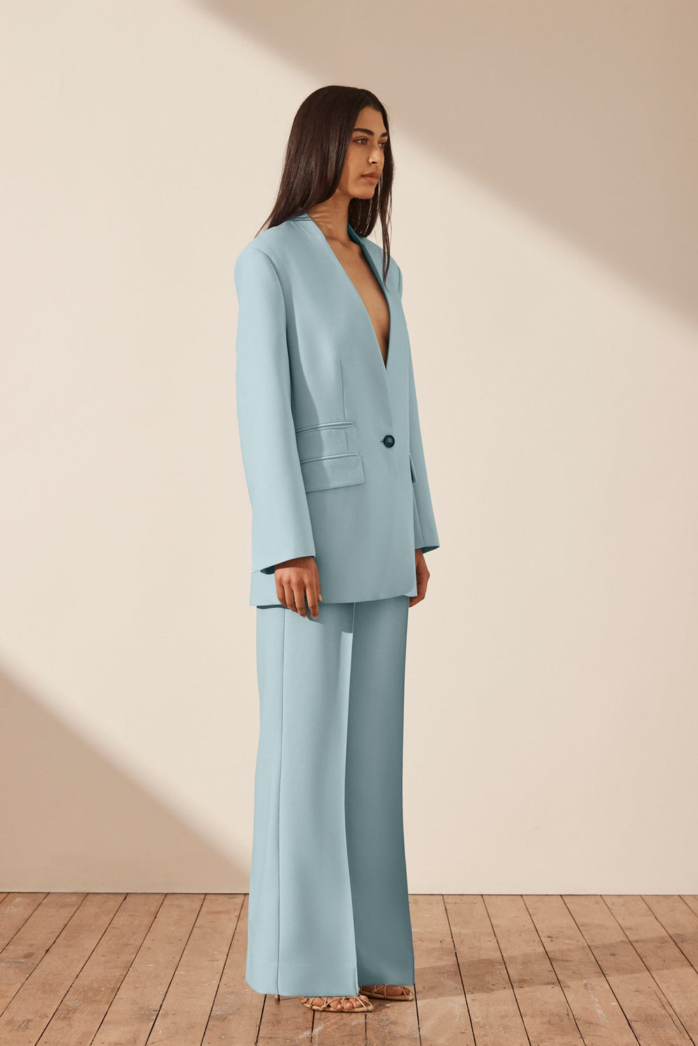 Irena Collarless Oversized Blazer | Cool Blue | Outerwear | Shona Joy ...