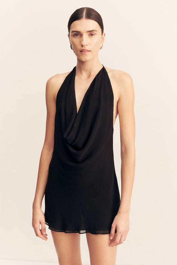 EDIE LOW COWL MINI DRESS - BLACK