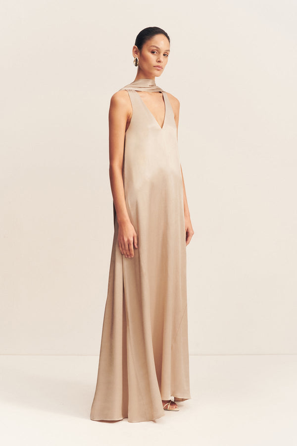 LA LUNE SCARF PANELLED MAXI DRESS - GOLD_A