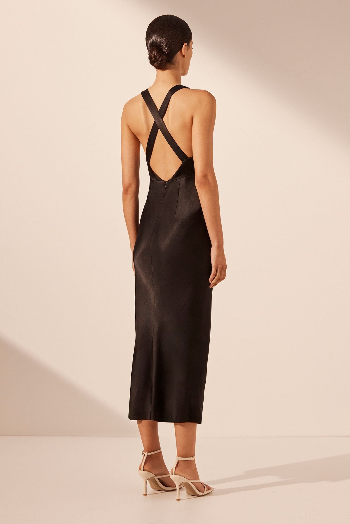 Built-in Bra Black Slip Dress for Women - Midi Satin Cocktail