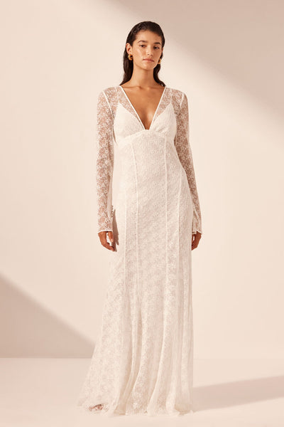 LA LUNE SOL LACE PLUNGED PANELLED MAXI DRESS | IVORY | DRESSES