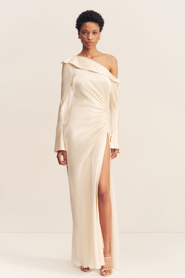 La Lune Long Sleeve Gathered Maxi Dress Cream Dresses Shona