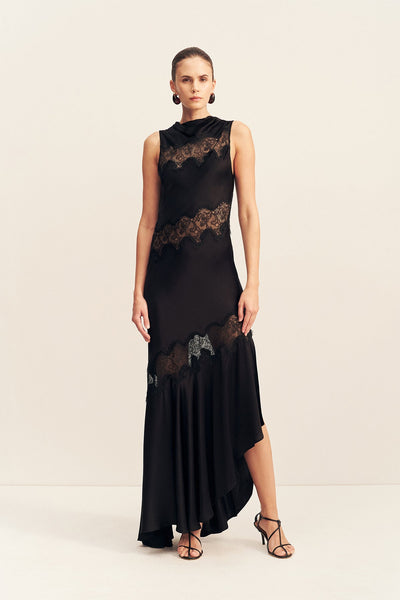 Simona Asymmetrical Panelled Maxi Dress | Black | Dresses