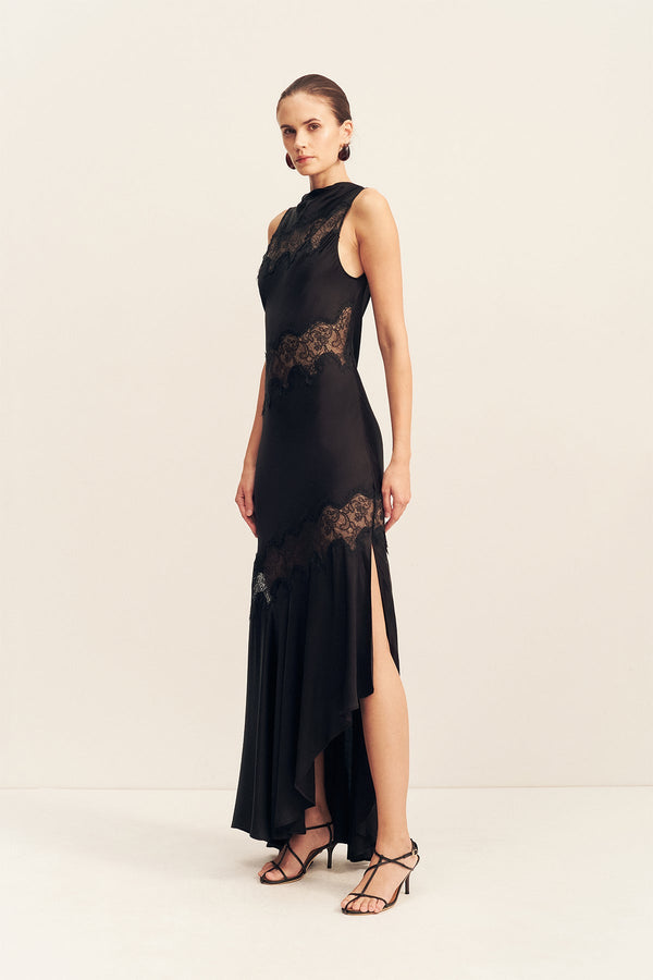 SIMONA ASYMMETRICAL PANELLED MAXI DRESS - BLACK