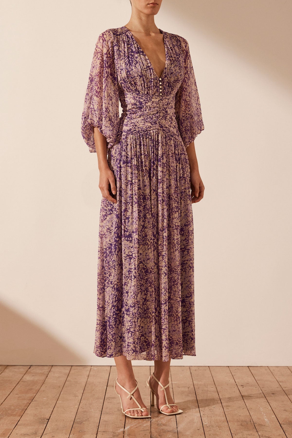 Aurier Long Sleeve V Neck Midi Dress | Purple/Multi | Dresses | Shona Joy