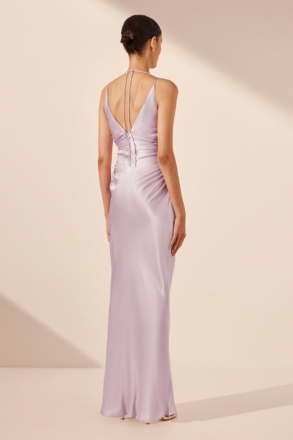 LA LUNE HIGH NECK RUCHED MAXI DRESS - LILAC_B