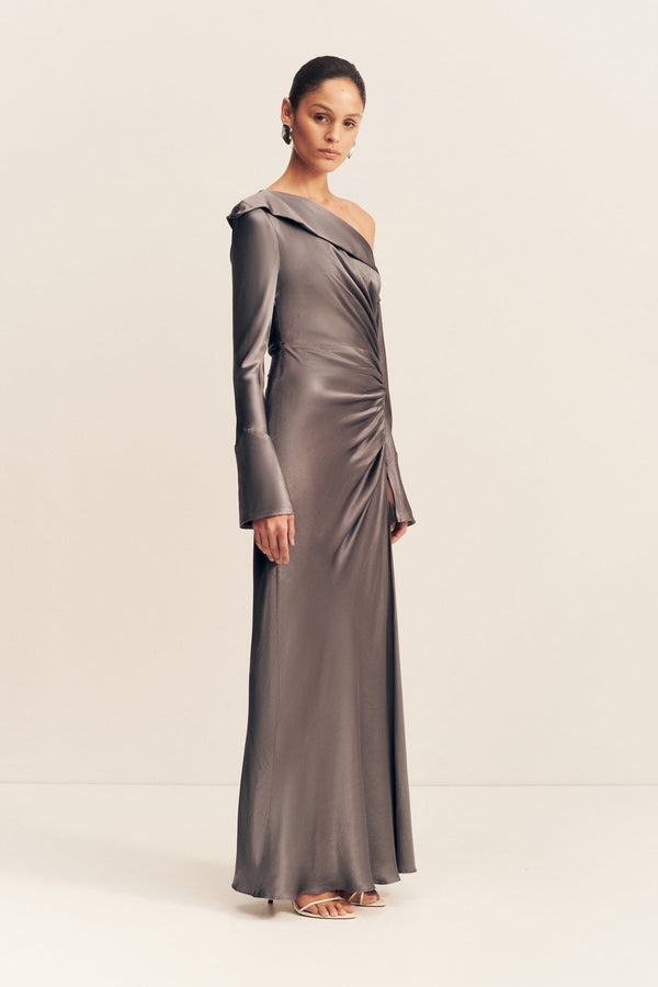 LA LUNE LONG SLEEVE GATHERED MAXI DRESS - GRAPHITE_A