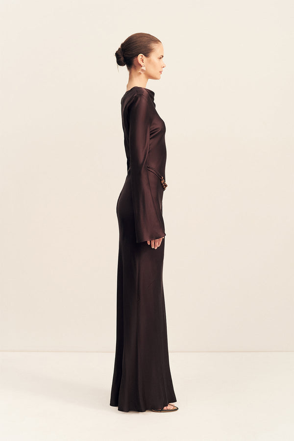 AGNES LONG SLEEVE MAXI DRESS WITH BELT - ESPRESSO