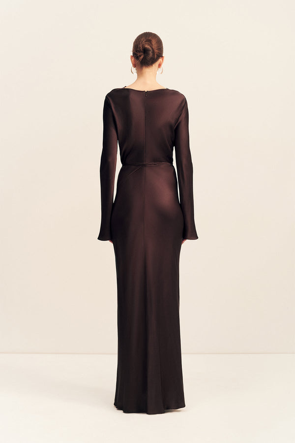 AGNES LONG SLEEVE MAXI DRESS WITH BELT - ESPRESSO