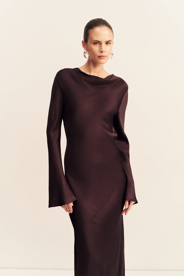 AGNES LONG SLEEVE MAXI DRESS WITH BELT - ESPRESSO