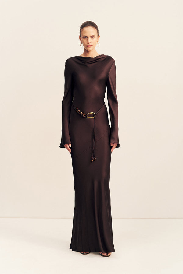 AGNES LONG SLEEVE MAXI DRESS WITH BELT - ESPRESSO_F