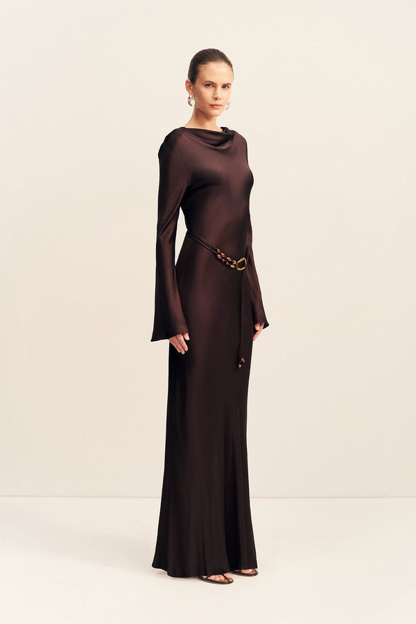 AGNES LONG SLEEVE MAXI DRESS WITH BELT - ESPRESSO