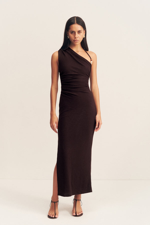 BEAU GATHERED ASYMMETRICAL MIDI DRESS - ESPRESSO_F