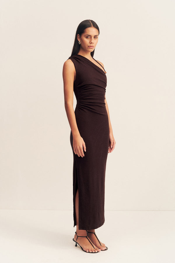 BEAU GATHERED ASYMMETRICAL MIDI DRESS - ESPRESSO_A