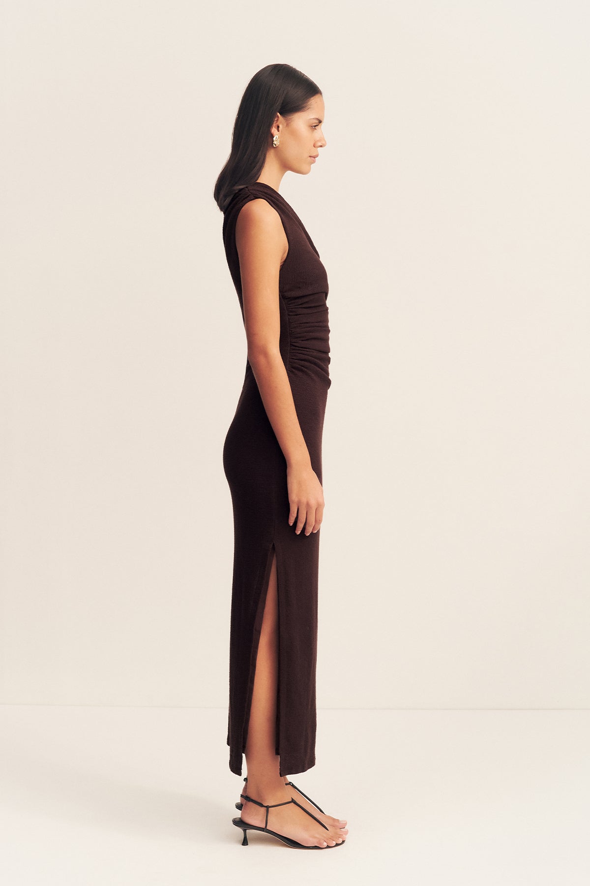 Beau Gathered Asymmetrical Midi Dress | Espresso | Dresses | Shona