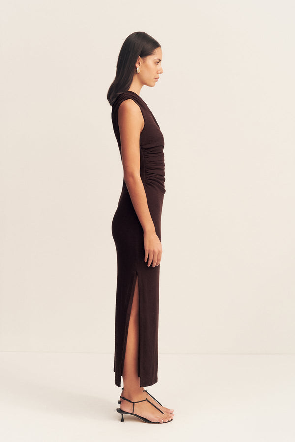 BEAU GATHERED ASYMMETRICAL MIDI DRESS - ESPRESSO_S