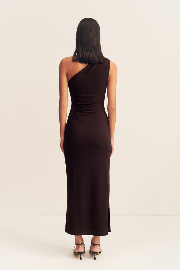 BEAU GATHERED ASYMMETRICAL MIDI DRESS - ESPRESSO_B