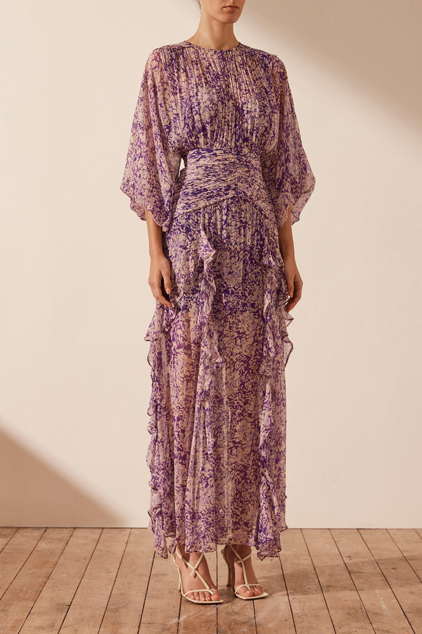 Aurier Long Sleeve V Neck Midi Dress, Purple/Multi