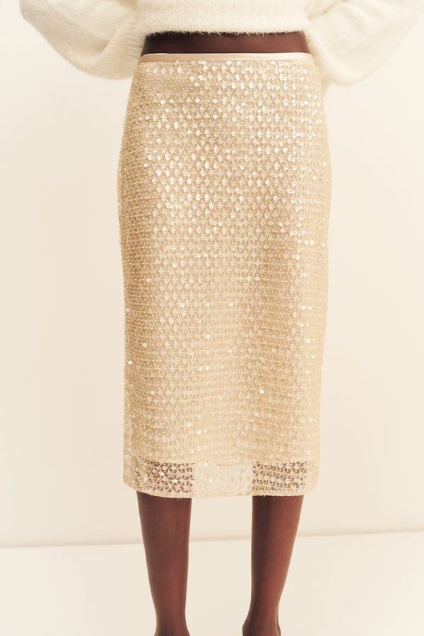 EVERLY SEQUIN MIDI SKIRT WITH DETACHABLE LINING - MACADAMIA