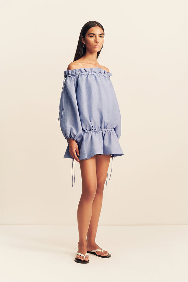 MARLOWE LINEN BLEND OFF SHOULDER MINI DRESS - CHAMBRAY