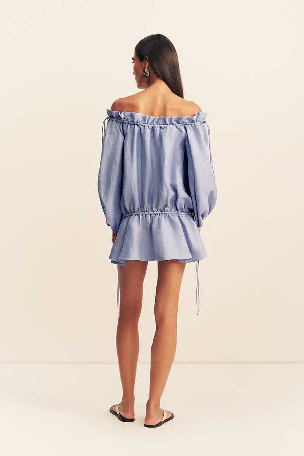 MARLOWE LINEN BLEND OFF SHOULDER MINI DRESS - CHAMBRAY