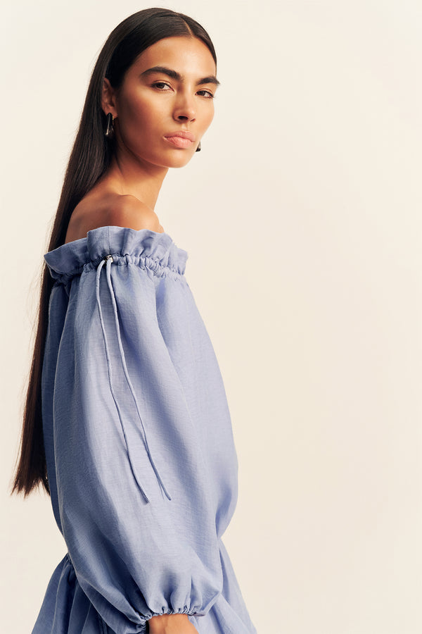 MARLOWE LINEN BLEND OFF SHOULDER MINI DRESS - CHAMBRAY