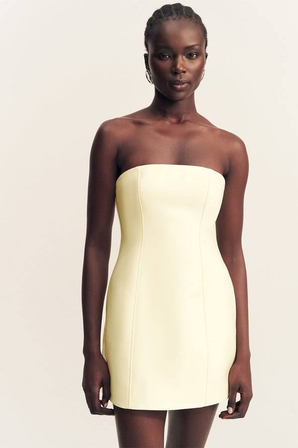 isidora strapless mini dress Satin Scalloped-Bandeau Ruched Mini Dress in Champagne - 8
