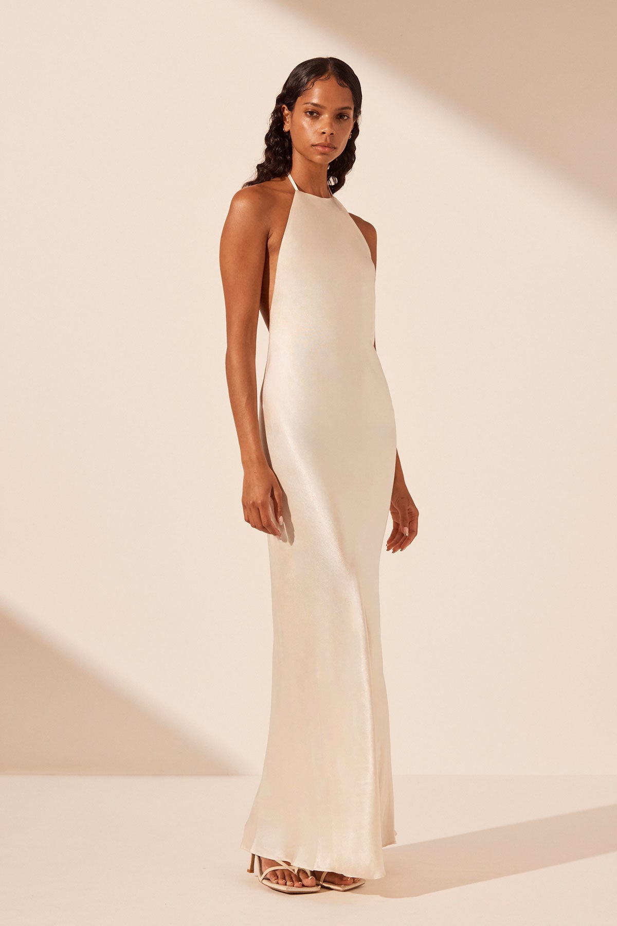 La Lune Low Back Halter Neck Midi Dress | Cream | Dresses | Shona