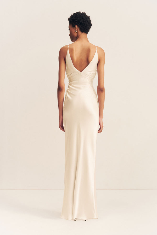 LA LUNE HIGH NECK RUCHED MAXI DRESS - CREAM