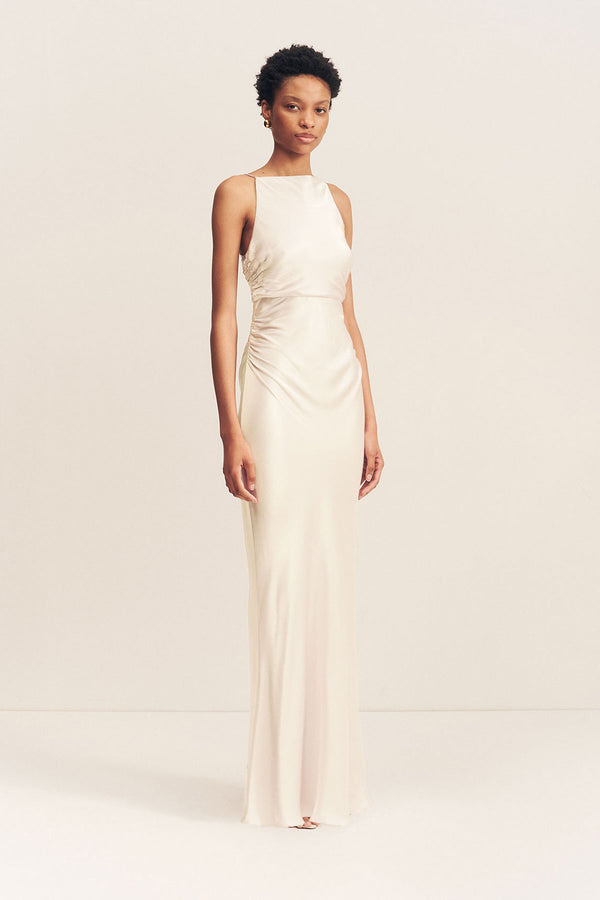 LA LUNE HIGH NECK RUCHED MAXI DRESS - CREAM