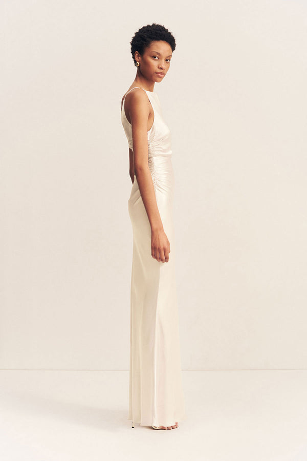 LA LUNE HIGH NECK RUCHED MAXI DRESS - CREAM
