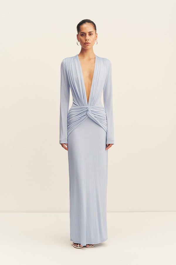 MIRO SLINKY JERSEY LONG SLEEVE PLUNGED MAXI DRESS - SKY_F