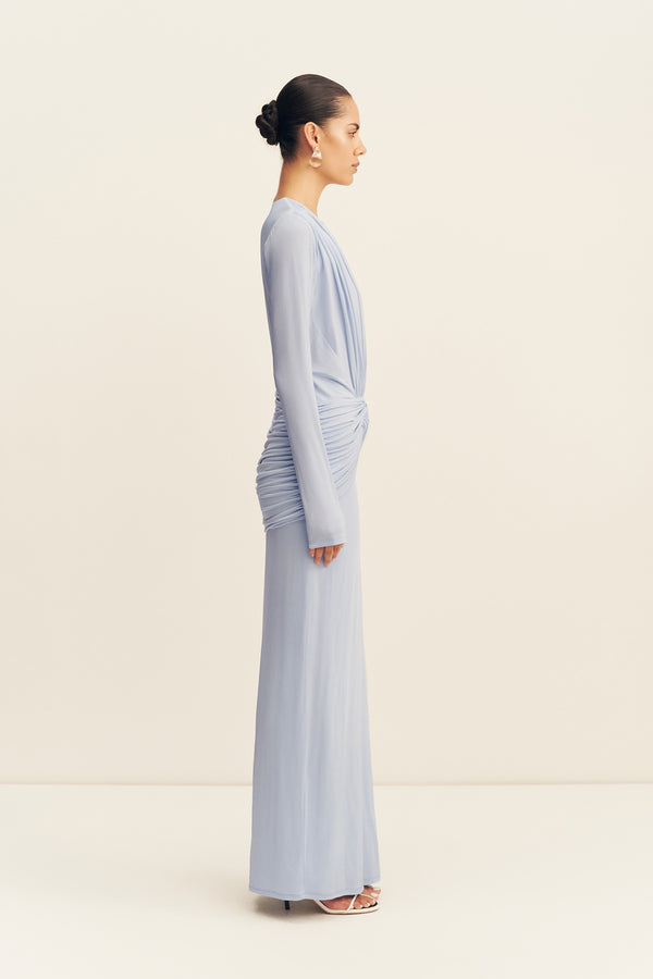 MIRO SLINKY JERSEY LONG SLEEVE PLUNGED MAXI DRESS - SKY