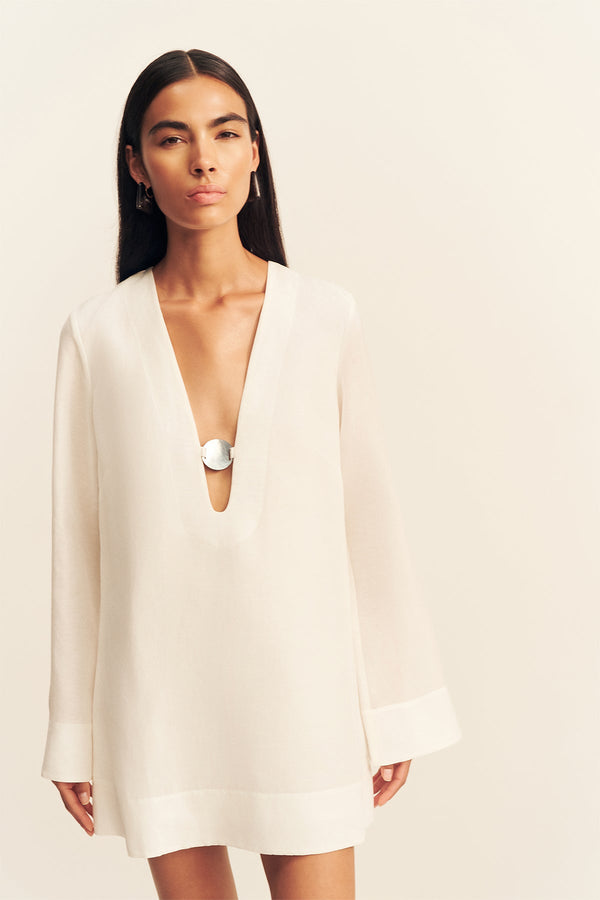 PALOMA PLUNGED LONG SLEEVE MINI DRESS - IVORY
