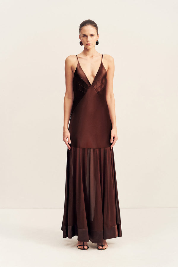 MORAYA PLUNGED MAXI DRESS - COFFEE_F