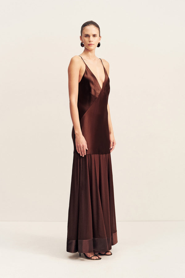 MORAYA PLUNGED MAXI DRESS - COFFEE