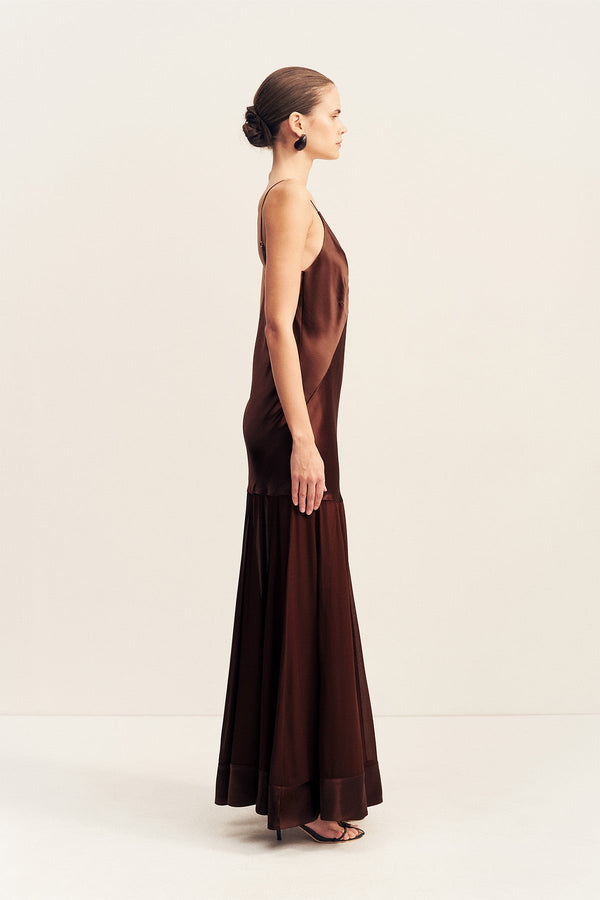 MORAYA PLUNGED MAXI DRESS - COFFEE