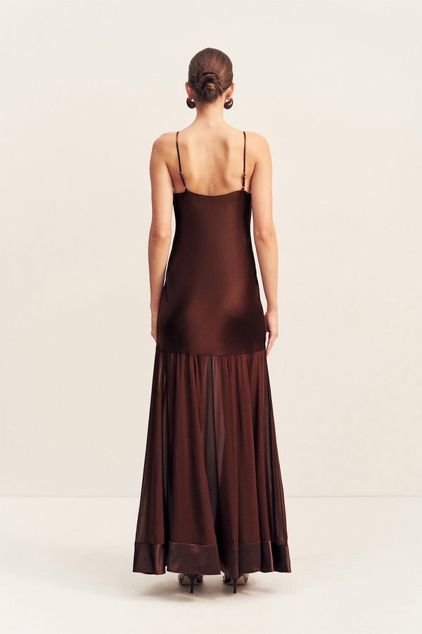 MORAYA PLUNGED MAXI DRESS - COFFEE