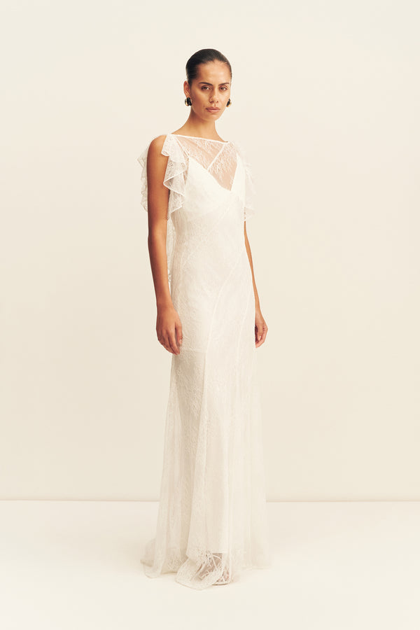 LABYRINTH SHEER LACE PANELLED MAXI DRESS - IVORY