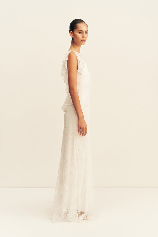 LABYRINTH SHEER LACE PANELLED MAXI DRESS - IVORY