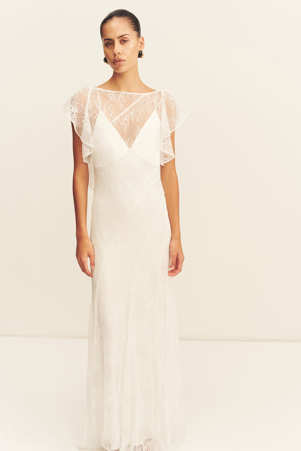 LABYRINTH SHEER LACE PANELLED MAXI DRESS - IVORY