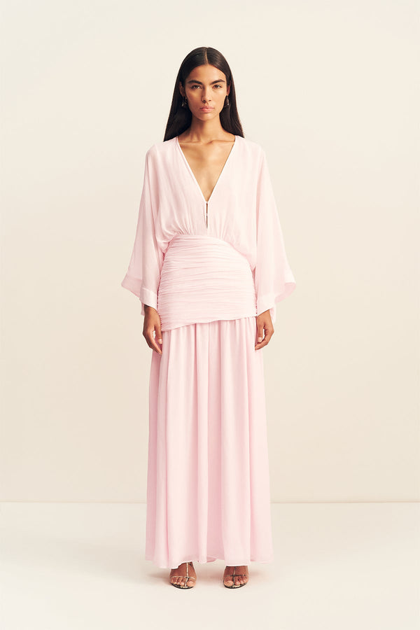 AMINA FLARED SLEEVE PLUNGED MAXI DRESS - FAIRYFLOSS
