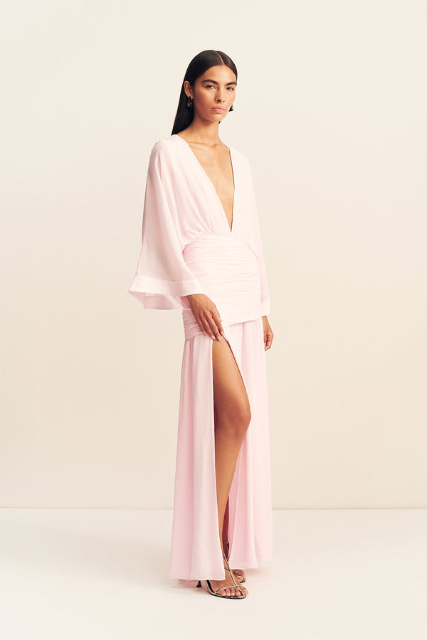 AMINA FLARED SLEEVE PLUNGED MAXI DRESS - FAIRYFLOSS